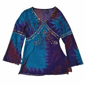 Vintage Y2K Beaded Babydoll Fairy Phool Top S Small Women's Blue Ethereal Sheer